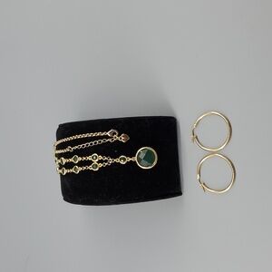 18k Gold Plated Hoop Earrings and Coodinating Green Necklace By Carolee